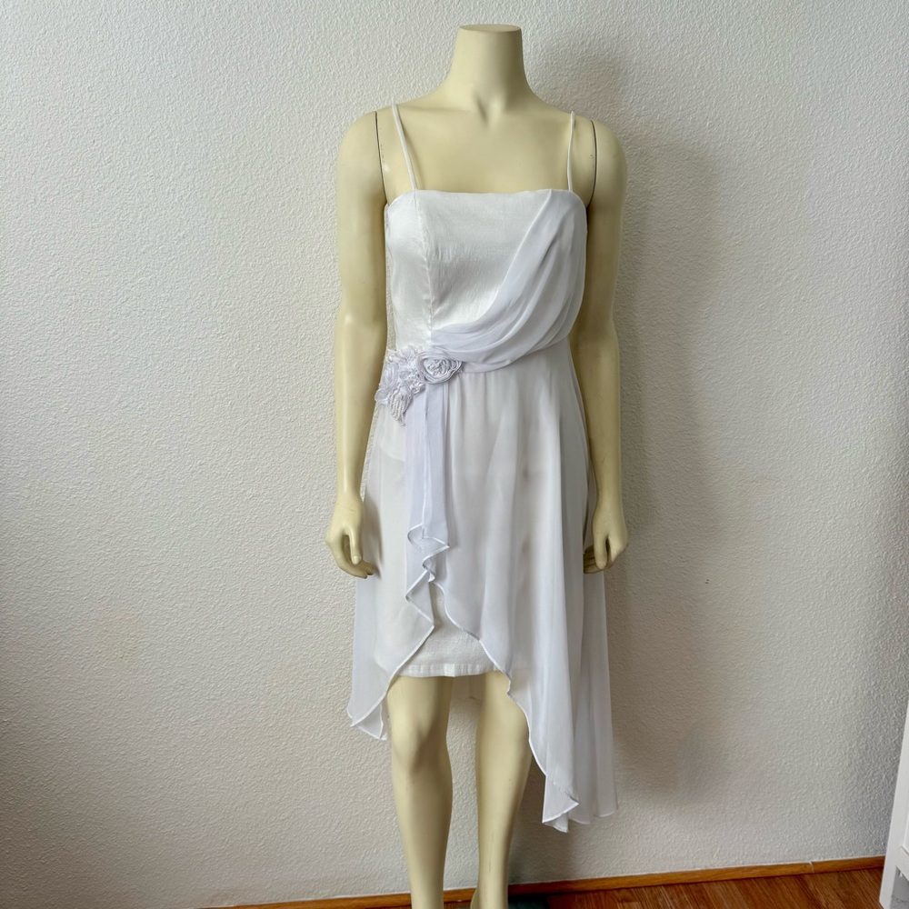 Fanny Fashion White Asymmetrical Chiffon Dress Floral Cocktail Bridal size L